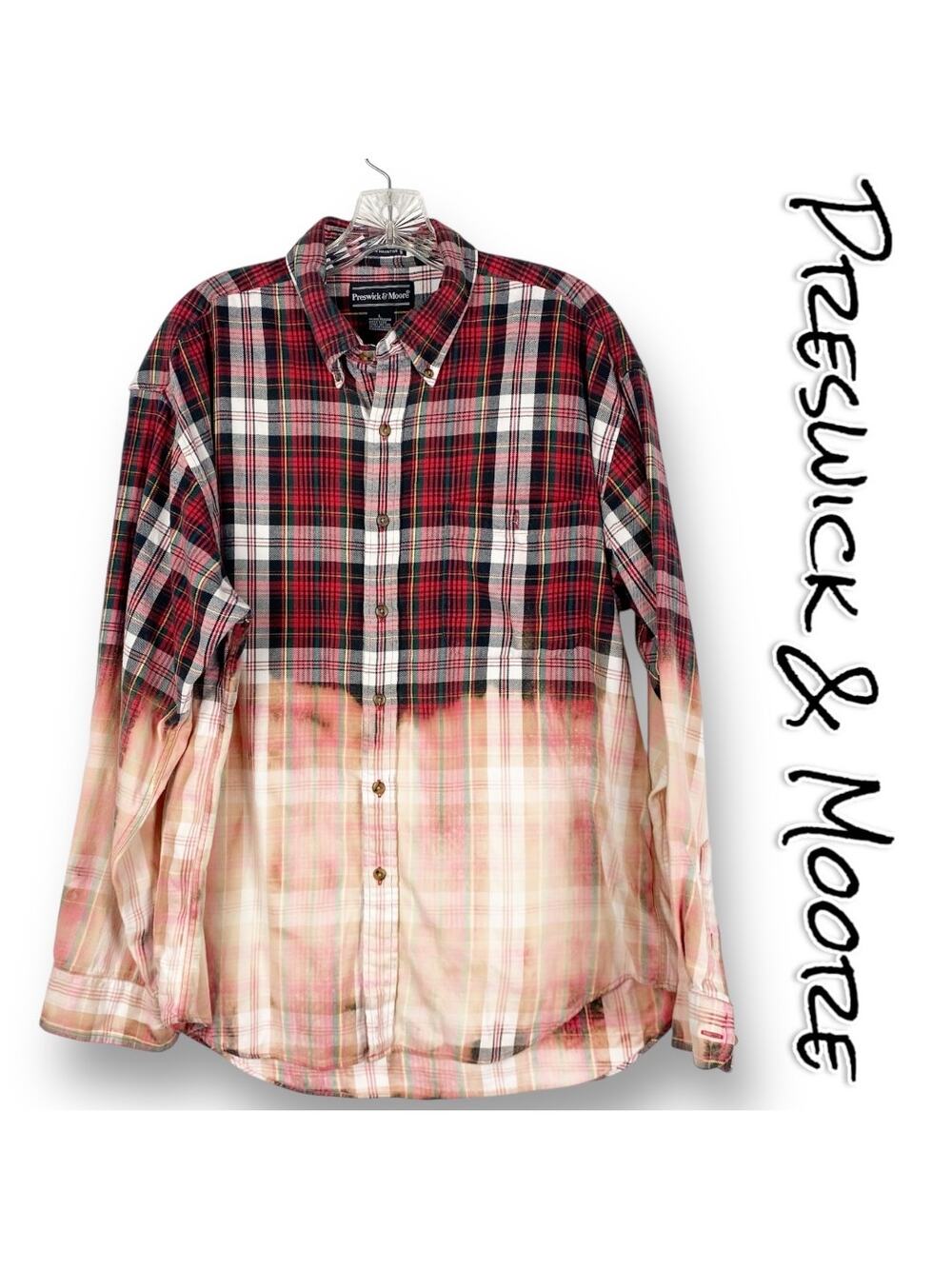 Preswick & Moore Dip Dye Bleach Red Plaid Shirt 100% Cotton Flannel Mens Size L